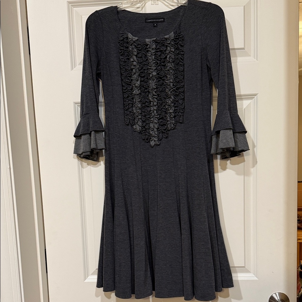 Elegant Charcoal Ruffle Midi Dress